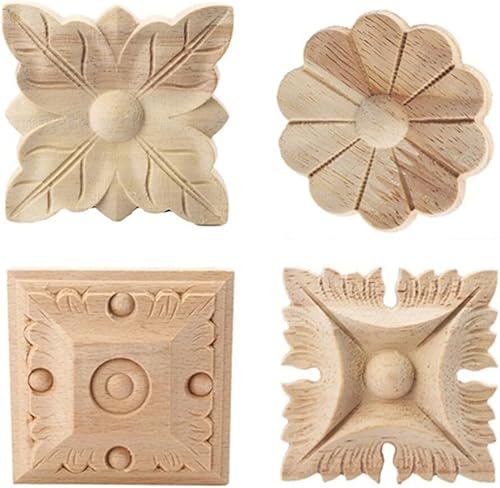 Ménage Appliques en Bois, 4 Pcs Fleur Motif en Bois Sculpté Applique, Carrée Sculpté Onlay Applique en Bois Non Peint, DIY Moulure Decorative Bois Pour Meubles Décoration Accessoires, Type 1/5*5cm - Nail Gallerys