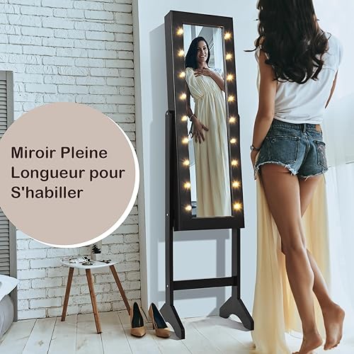 GOPLUS Armoire à Bijoux, Armoire a Bijoux avec Miroir sur Pied avec Lumières LED, Miroir Intégré, Organisateur de Bijoux Verrouillable avec Crochet de Collier, 4 Etagères (Noir) - Nail Gallerys