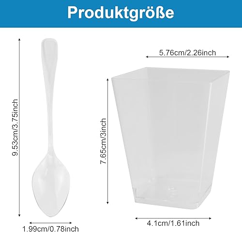 EASYKEENECOM Lot de 25 Verres à Dessert en Plastique 160 ml – Avec Cuillères – Réutilisables coupes à dessert, Rectangulaires verrine dessert – Idéals pour Desserts, Pudding, Mousse, Glace - Nail Gallerys