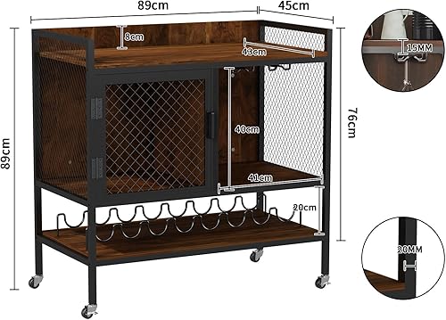 DAWNYIELD Buffet de Cave à vin à 3 Niveaux, Table de Bar avec roulettes, casier à vin, Porte-Verres à Pied, Porte en Maille, Armoire de Rangement de Cuisine Industrielle (Vintage) - Nail Gallerys