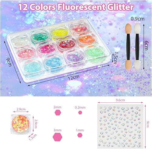 BUTBU 12 Lumineuse Gel Paillettes,Gel Paillettes Visage, Paillettes de Corp, avec Pinceaux de maquillage et Autocollants en diamant, pour Visage, Cheveux, Halloween, Fête, Noël - Nail Gallerys