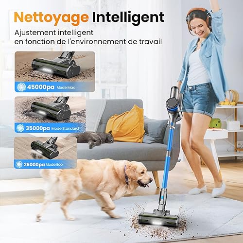 Aspirateur Balai sans Fil, 400W 45KPa Aspirateur sans Fil Puissant, 55Min Autonomie, Brosse Anti-emmêlement, Batterie Amovible, Aspirateur sans Sac avec LED Écran pour Tapis Poils d'animaux Sol Dur - Nail Gallerys
