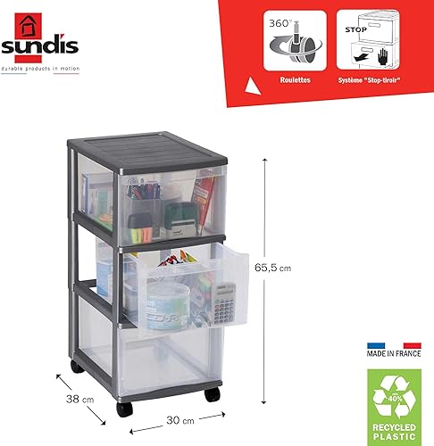 SUNDIS | Tour de Rangement à roulettes Optimo - 3 Grands Tiroirs 15 Litres - Noir / Transparent - 4156001 - Nail Gallerys