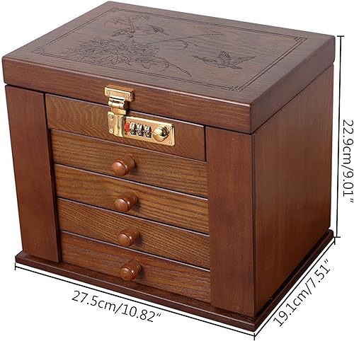 Armoire à bijoux pliante 5 couches + 2 boîtes à bijoux en bois - Grande boîte à bijoux - Boîte à bijoux verrouillable - Vitrine - Boîte à bijoux - Cadeau antique - Avec serrure à combinaison et miroir - Nail Gallerys