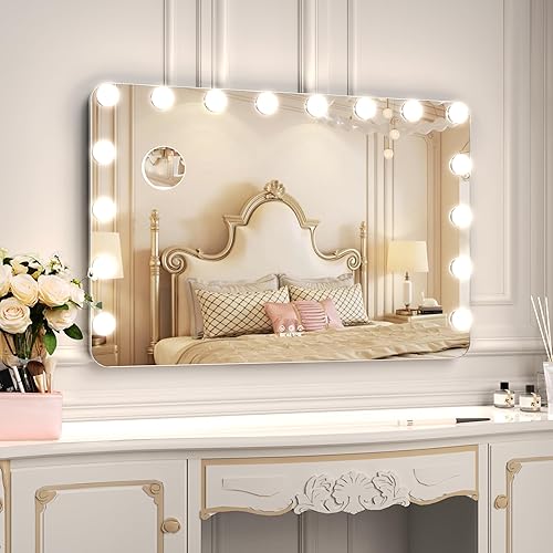 BEAUTME Grand Miroir de Maquillage avec Lumière, Miroir de Courtoisie Hollywood avec Bouton Intelligent,Miroir 2 en 1 de Table ou Mural,Miroirs cosmétiques à Poser, 91,1 × 61,6 cm, Blanc - Nail Gallerys