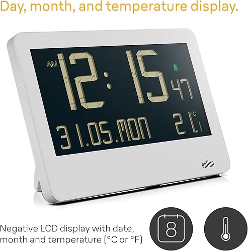 Braun Horloge Murale numérique avec température intérieure, Date, Jour de la Semaine, Grand écran LCD inversé, réglage Rapide, Alarme sonore en Blanc, modèle BC14W. - Nail Gallerys