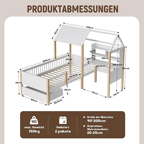 Seyakany Lit cabane Enfant 90x200 cm avec Bureau,lit Enfant cabane tiroirs,lit Enfant avec Rangement et Barriere et sommier à Lattes,Bureau en L et étagère,tiroirs à roulettes,en Bois Massif,Blanc - Nail Gallerys