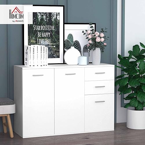 HOMCOM Buffet Meuble de Rangement 2 tiroirs coulissants 2 placards étagère réglable Panneaux Particules Blanc - Nail Gallerys