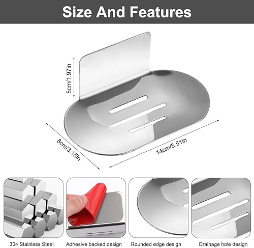 Porte-Savon Mural sans Perceuse, 14 x 8cm Acier Inoxydable Porte Savon Douche sans perçage, Mural à Coller dans Auto-Adhésif, pour Salle de Bain, Cuisine et Salle de Bain (Argent) - Nail Gallerys