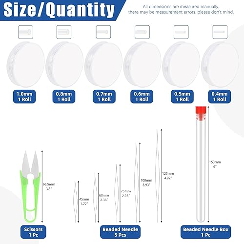 Glarks Lot de 12 bobines de fil élastique et d'aiguilles à perler - 0,6/0,8/0,4/0,7/0,5/1 mm - Transparent - Extensible - Avec 5 aiguilles à gros chas - Nail Gallerys