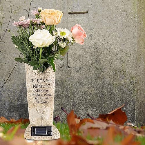 HUYIENO Vase solaire commémoratif avec LED pour décoration de cimetière fraîche/artificielle - Statue d'ange avec pointes - Décoration de tombe - Nail Gallerys