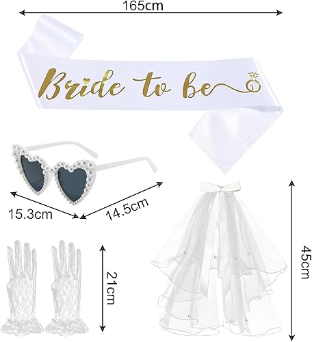 BSITSSS 4PCS EVJF Accessoire, Bretelles de la Bride to Be + Lunette de Soleil Perle en Forme de Cœur + Gants en Dentelle + Voile de Mariée, Enterrement de Vie de Jeune Fille Accessoire - Nail Gallerys