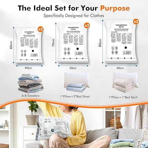 ETROBOT 6 Pièces Sac Sous Vide Vetement Aspirateur (60x40cm), Sac de Rangement Sous Vide Réutilisables, pour Les Voyages et Les Déménagements,VêTements, Couettes, Oreillers - Nail Gallerys