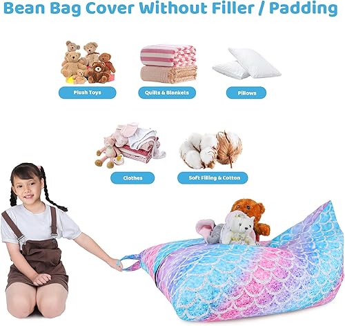 olyee – Housse de pouf de rangement de 200 L pour peluches, pour enfants et adultes, en velours doux (écailles de sirène) - Nail Gallerys