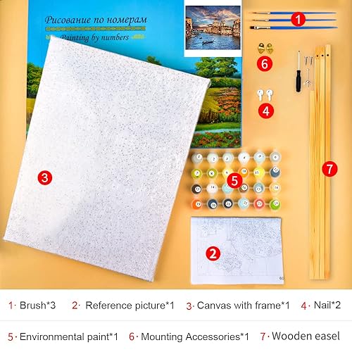 TISHIRON Peinture par numéros Ville de l'eau Venise Venise View Adulte Peinture par numéros 40 x 50 cm Toile 3 pinceaux Peinture acrylique pour décoration de maison avec ramen - Nail Gallerys