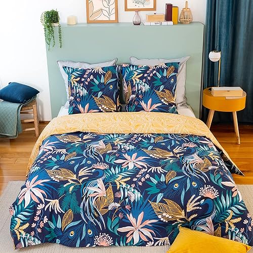 CÔTE DECO Parure de lit 2 Personnes avec Housse de Couette 260x240cm + 2 taies d'oreiller 63x63cm Motif Feuilles Tropicales 100% Coton adouci Bleu (260X240cm) - Nail Gallerys