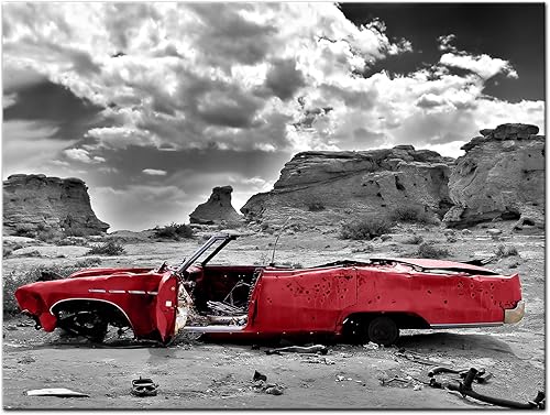 Bilderdepot24 Impression d'art - Cadillac - Rouge - Image sur Toile - 200x80 cm 5 pcs - Toile Photos - Murale de Motorisé - Amérique - Paysages - Carcasse dans Le désert - Nail Gallerys