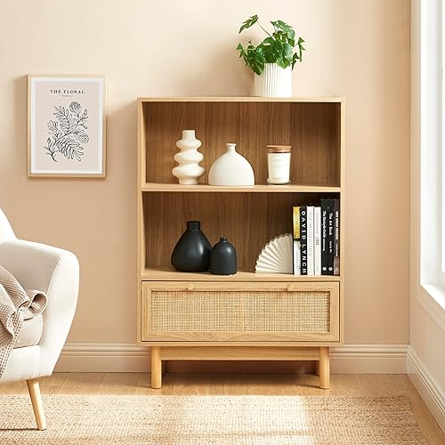 BAÏTA Bibliothèque Helena Effet chêne et cannage rotin 80cm - Nail Gallerys