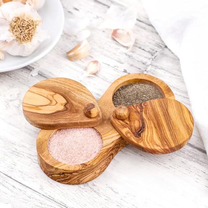 M'zaytouna Pots à épices en bois d'olivier - Double compartiment sel et poivre avec couvercle - 100% bio fait à la main, rustique, antibactérien et durable, en pur bois d'olivier - Nail Gallerys