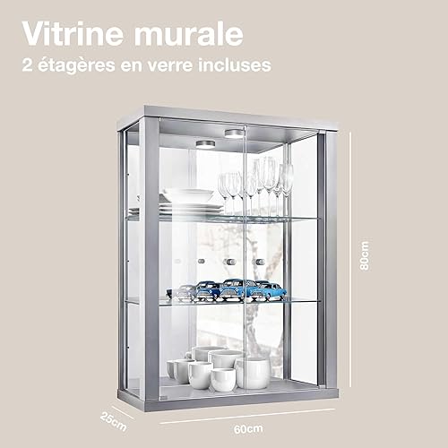 K-Möbel Vitrine Suspendue en Blanc (80x60x25 cm) avec 2 étagères en Verre réglables en Hauteur, Miroir & LED - vitrine de Voiture Miniature Argent - Armoire vitrine Argent - Nail Gallerys