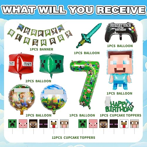 Décorations d'anniversaire pour garçons et filles - Bannière « Happy Birthday » - Ballons en aluminium - Fournitures de fête sur le thème du jeu mineur - Décoration de gâteau de table pour enfants - Nail Gallerys