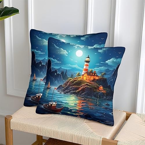 Phare Taie d'oreiller Coastline Soleilset Imprimé Maison Salon Chambre Housses De Coussin 50x50cm Paquet De 2 - Nail Gallerys