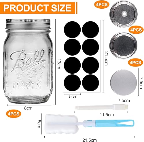 Gebiuhoo Bocaux Mason 500 ML avec Couvercles pour Meal Prep 4 PCS Pots à Confiture en Verre Bocaux de Conservation Alimentaire avec Étiquettes et Brosse Mason Jars pour Milkshake, Jus de Fruits - Nail Gallerys