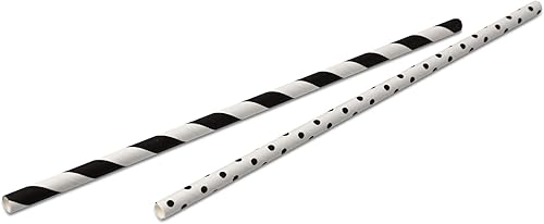 ECOFIESTA 240x Pailles en carton 20 cm, Ø 0,6 cm noir et blanc - cocktail accessoire biodégradable decoration plage - paille comestible - Nail Gallerys