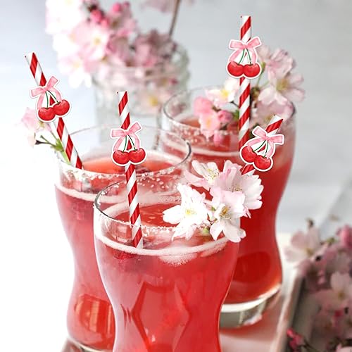 Lot de 30 pailles en papier recyclables sur le thème des cerises - Rayures rouges cerise - Pour fête, restaurant, jus, café, boissons froides - Pour anniversaire, mariage et fête - Nail Gallerys