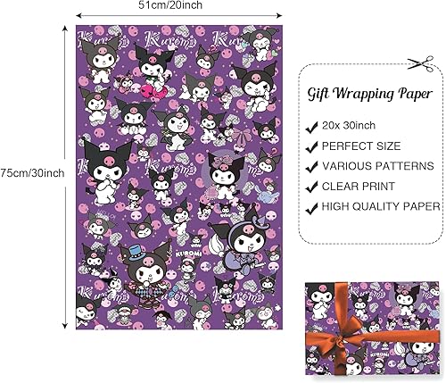 HOOKTA Kitty Kuromi - Lot de 5 rouleaux de papier cadeau - 51 x 75 cm - Papier cadeau durable - Pour anniversaires d'enfants, fêtes, décoration festive (lapin violet) - Nail Gallerys