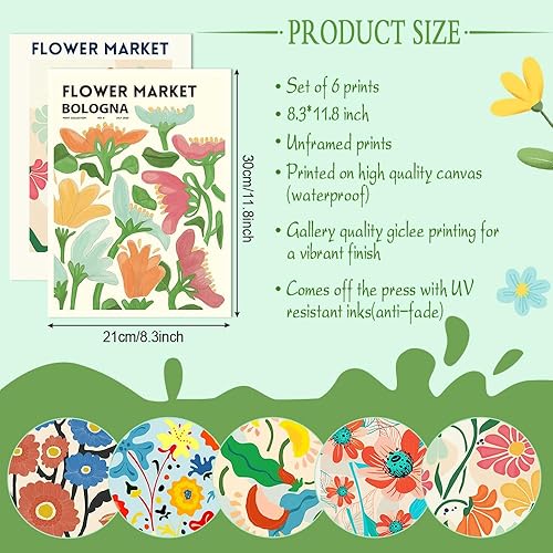 HEKOBAG 6 Pièces Flower Market Poster, Affiches Florales, Posters Muraux Flower Market, Affiche Decoration Murale, Poster Vintage Fleur pour Salon, Chambre, Salle à Manger, Sans Cadre 21x30cm - Nail Gallerys