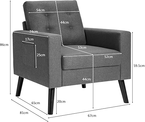 RELAX4LIFE Fauteuil rembourré, fauteuil de relaxation avec coussin de dossier et d'assise, canapé simple avec pieds en bois et 2 poches latérales, profondeur d'assise de 53 cm, pour salon, chambre à - Nail Gallerys