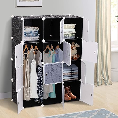 HOMCOM Armoire à vêtements Meuble de Rangement Armoire Chambre modulable 12 Cubes 111x47x145cm Noir et Blanc - Nail Gallerys