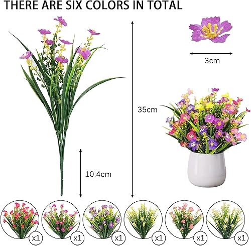 Eymobad Lot de 6 paquets de fleurs artificielles comme de vraies plantes de balcon artificielles - 6 couleurs - Fleurs de printemps artificielles en plastique - Décoration pour l'extérieur, le balcon - Nail Gallerys