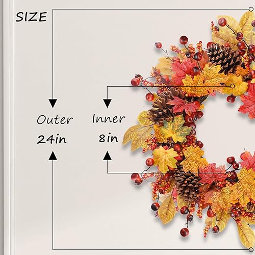 COLORSPEC Couronne d'automne de 61 cm - Grandes pommes de pin artificielles en érable pour porte d'entrée, mur, fenêtre, fête de mariage, intérieur et extérieur, couronne d'automne pour la maison, - Nail Gallerys
