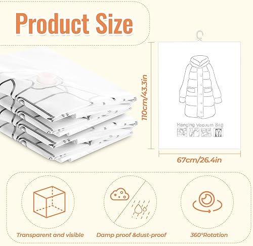 LUZIYUN Lot de 4 Sacs de Rangement sous Vide à Suspendre, Housses sous Vide 110x70cm pour Vêtements, Costumes, Robes, Manteaux ou Vestes, Transparents et Réutilisables - Nail Gallerys