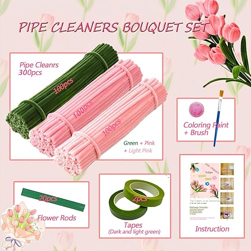 Midslinee 300 Pièces en 3 Couleurs pour Bricoler, 8mm Cure Pipe pour Bricoler Set, Fil Chenille, Rose Tulip Bouquet Set de Cure Pipe, Livré Avec 20 Pièces de Fil de Bricolage Vert, DIY (pink) - Nail Gallerys