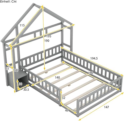 Seyakany Lit Enfant 140 x 190 cm avec Tables de Chevet, lit cabane avec barrières, Lits Montessori avec Toit, Blanc - Nail Gallerys