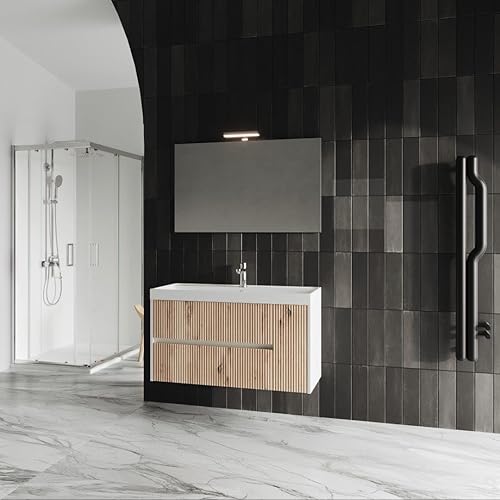 Kiamami Valentina Meuble de Salle de Bain Suspendu 100cm en chêne doré canné avec Miroir encastré 100x60 | Cortina - Nail Gallerys