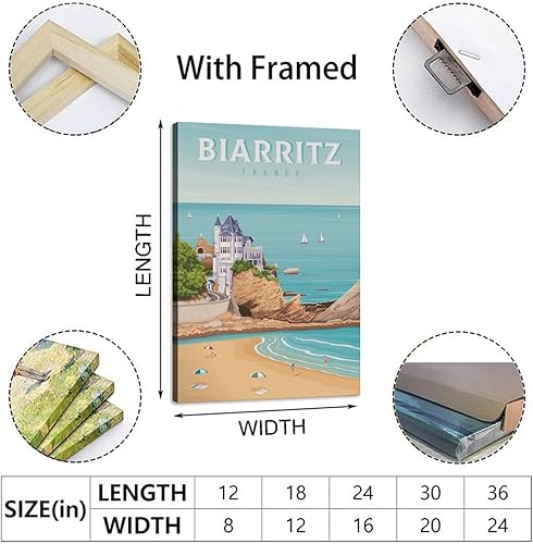 Poster vintage France Biarritz - Impression sur toile - Décoration murale pour chambre à coucher, bureau - Cadeau de fête - 20 x 30 cm - Nail Gallerys