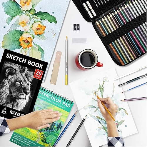 UCAMP Ensemble de matériel de dessin et de croquis 76 - Crayons de Dessin Professionnels - Fournitures avec carnet de croquis et papier aquarelle, Malette Dessin pour Artiste Débutant Adulte - Nail Gallerys