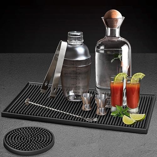 Tendak Lot de 2 Tapis de Service de Bar en Caoutchouc - 30,5 x 15,2 cm - Noir - avec 4 sous-Verres antidérapants en Caoutchouc - Peuvent être utilisés dans Les Bars et Les Restaurants - Nail Gallerys