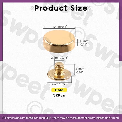 Swpeet 32pcs or vis vis clous Kit, rond portefeuille pied métal rivets, pieds clous tête plat snap cap rivets, or métal tête plate portefeuille pied rivets cuir artisanat DIY - Nail Gallerys