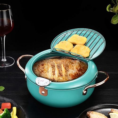 Thermomètre à friteuse Tempura, marmite à frire avec thermomètre Poêle à frire à huile de crevettes en acier inoxydable japonais pour cuisinière à induction vert foncé - Nail Gallerys