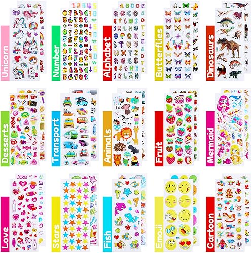 ECHOCUBE 3D Puffy Stickers - Autocollants réutilisables avec motifs de licornes, de dinosaures et de chiffres, 50 feuilles de décoration pour remplir les sacs de fête des enfants, cadeaux et bricolage - Nail Gallerys