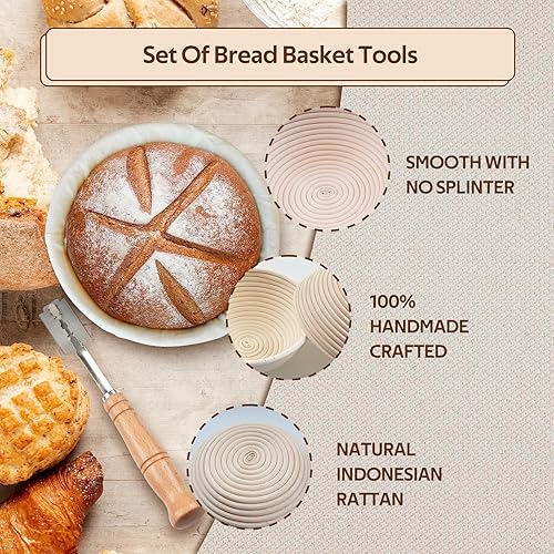 Lot de 2 Banneton pour Pain Rond de 23 cm,Corbeille à Pain+Grattoir en Métal + Grattoir en Plastique + Fouet à Pâte + Lame à Pain, Idéal pour la Pâte à Pain au Levain et à la Levure - Nail Gallerys