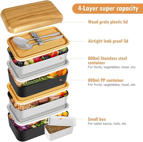 HOLIPOT Lunch Box Boîtes bento 2 Couches avec 2 Récipients en PP et Acier Inoxydable Respectueux de l'environnement avec Fourchette et Cuillère Séparateur Sac Fourre-Tout pour Enfants et Adultes - Nail Gallerys