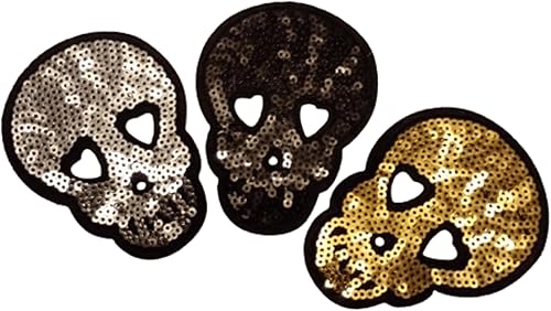 Écusson Patch Badge Brodé Crane Tete de Mort Mexicain ecusson Broderie Paillette thermocollant Trois Cranes Noir, Argent et dor 8 x 5 cm a Piece - Nail Gallerys
