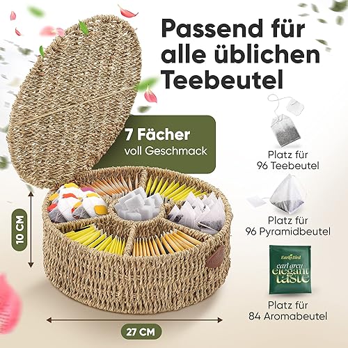 freshboho Boîte à Thé Ronde [Compartiments Radiaux Extra Larges] | Organisateur en Jonc de Mer pour Sachets de Thé | Rangement, Boîte | Choisissez Votre - Nail Gallerys