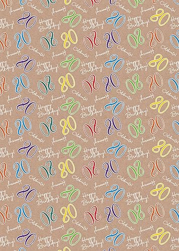 Lot de 4 feuilles de papier cadeau unisexe pour 80e anniversaire - Marron - Multicolore - Nail Gallerys
